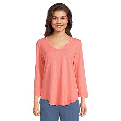 Mod o doc 3/4 Sleeve V Neck T Shirts with Curved Hem Women