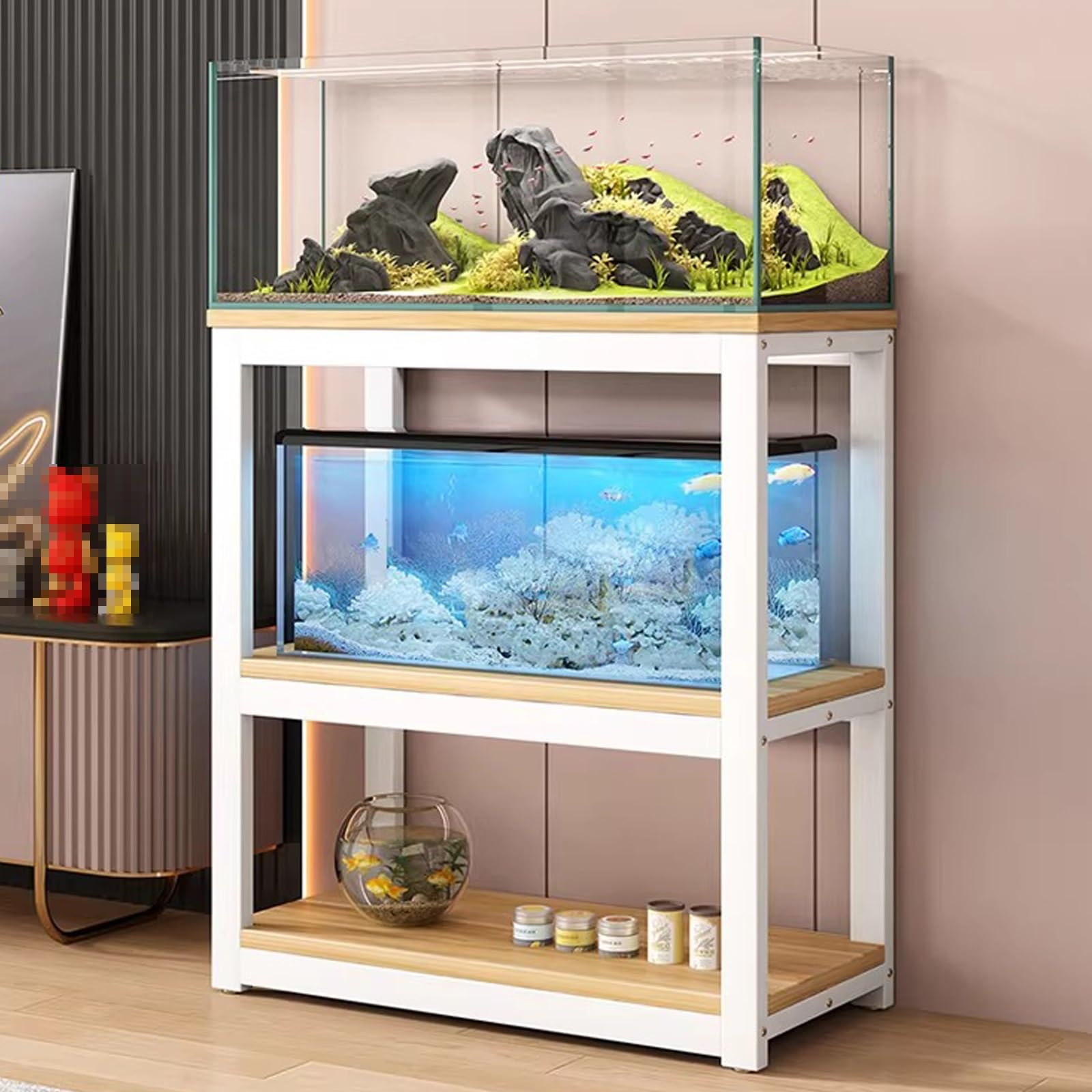 Stojak do akwarium z półką, otwarta szafka pod akwarium, metalowa rama, 3-stopniowy stojak na terrarium, stojak na basen dla gadów, do domowego biura, salonu (biały, 51 x 35 x 100 cm)
