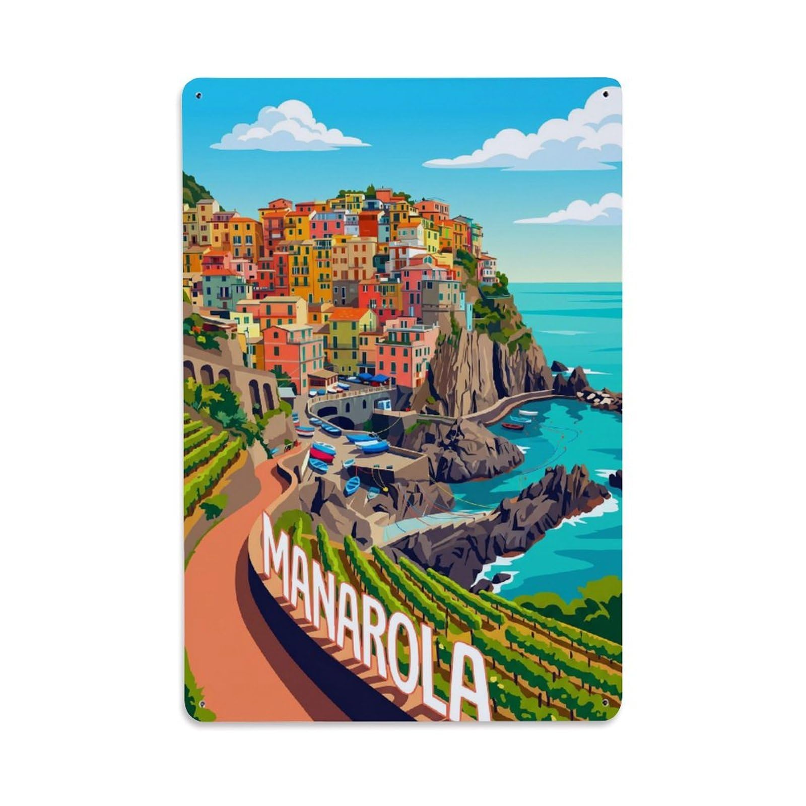 Manarola Italian Riviera Travel Cinque Terre Metal Tin Sign Plaque Wall Decor for Cafe, Man Cave, Club Bar, Office, Home Garden Round Metal Poster 8x12Inch
