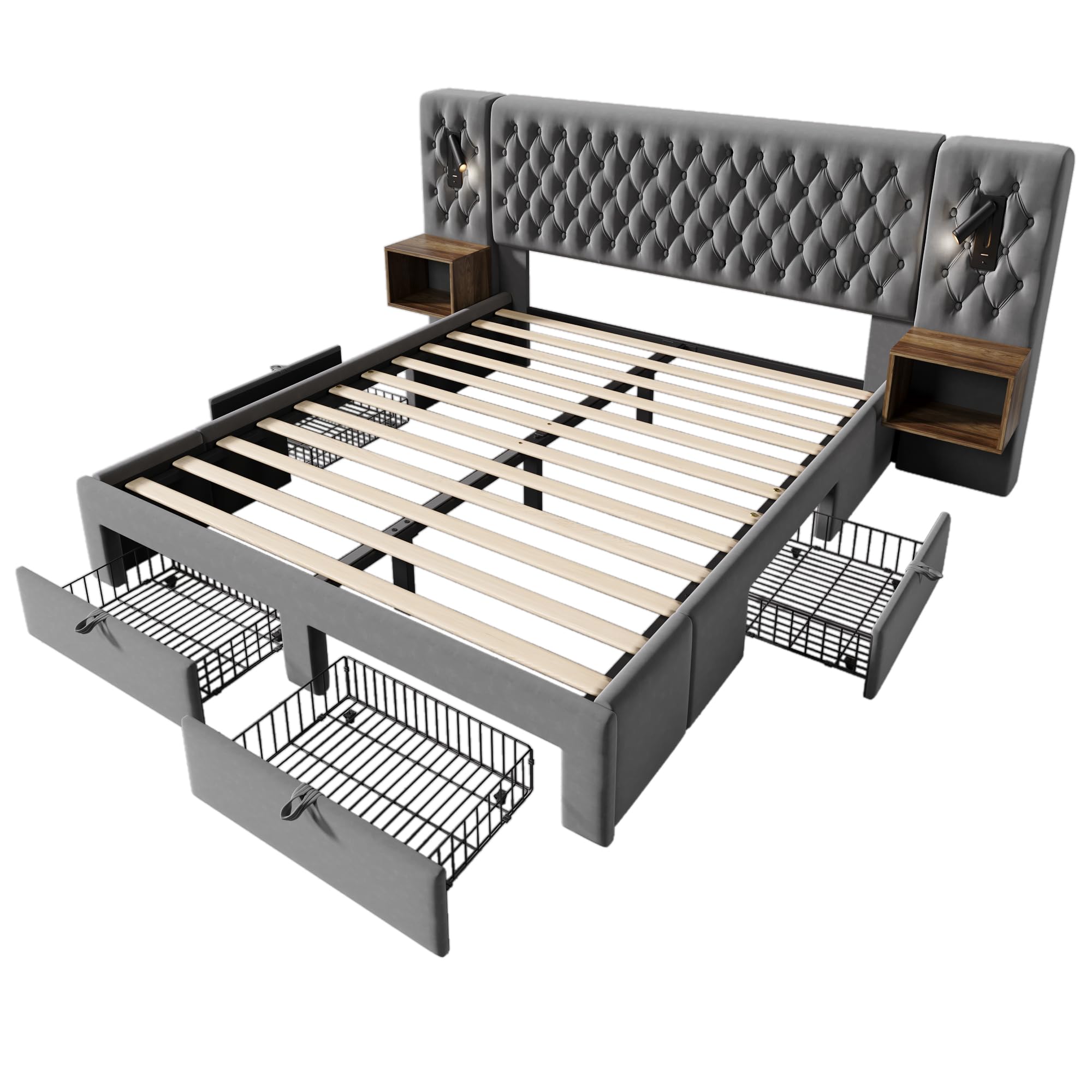 Set completo para dormitorio, cama tapizada matrimonial 180×200 cm con 2 mesitas de noche y 4 cajones, cabecero con luz de lectura y función de carga USB, en terciopelo, sin colchón