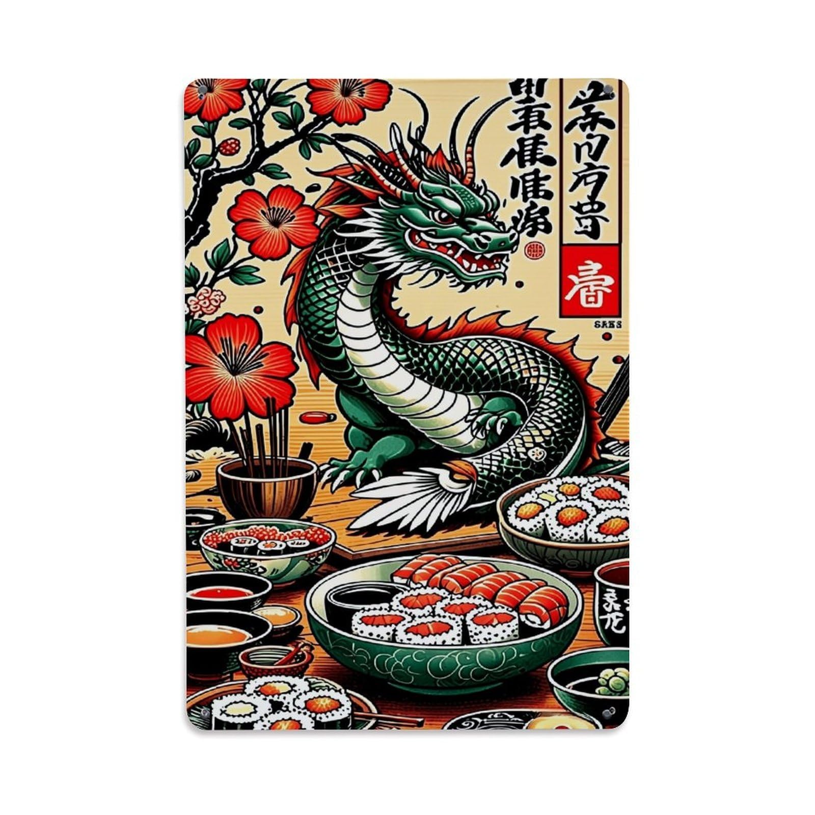 Jdyaojiesheng Vintage Dragon Sushi Cherry Blossom Japanese Art Tin Sign Retro Metal Wall Decor Metal Poster, Home Bar Garage Farmhouse Cafe Wall Art Decoration 8X12inches