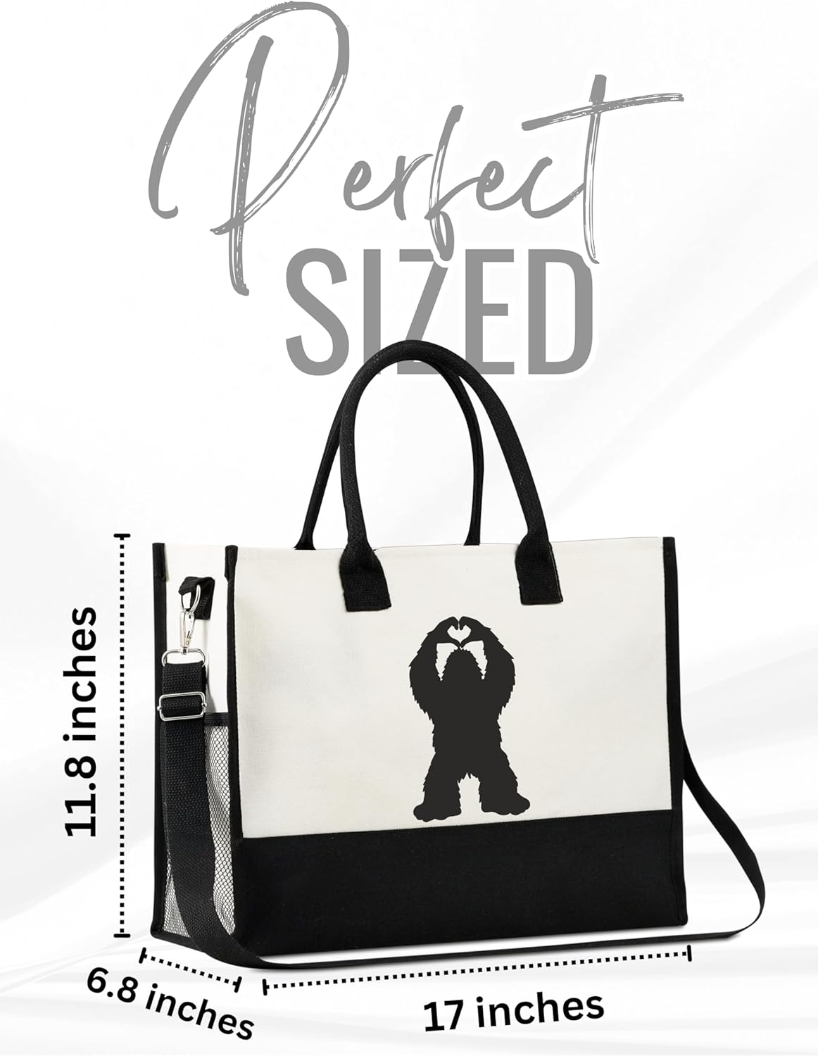 InnoBeta Bigfoot Sasquatch Gifts for Women Canvas Tote Bag on Christmas or Birthday, Tote with Top Zipper Closure and Shoulder Strap