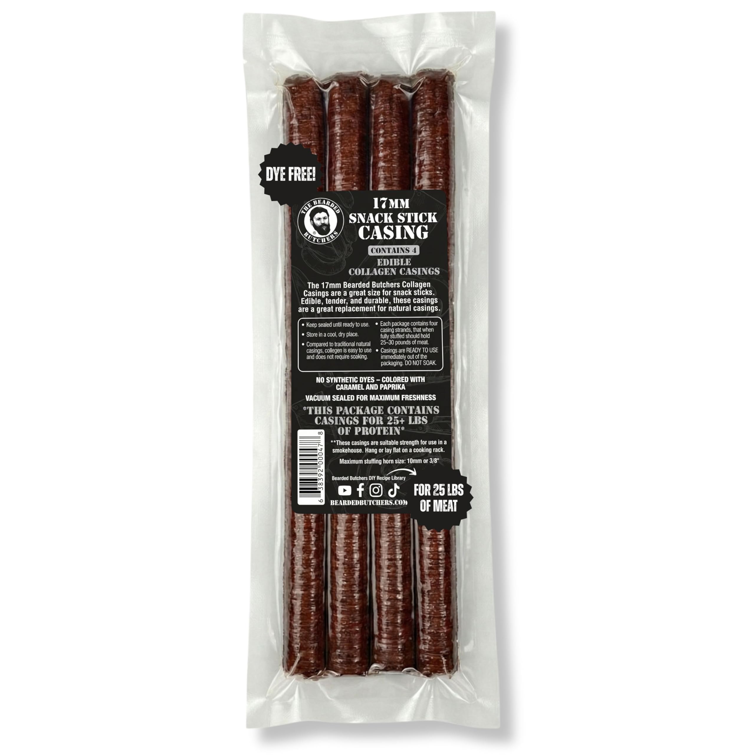 Bearded Butchers Edible 17mm Mahogany Collagen Casings (4-Pack) – Holds 25lbs of Beef, Pork or Venison – Edible Dye-Free Casings for Snack Sticks & Pepperoni – Ready to Use, No Soaking Required