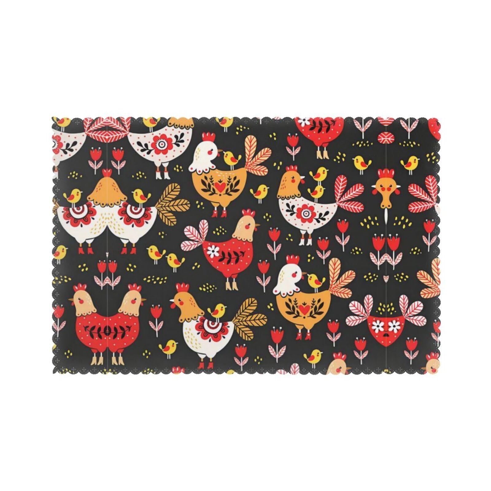 Cute Rooster Chickens Printed table mat set (6 pieces) - Aesthetic upgrade for family gatherings and hotel banquets