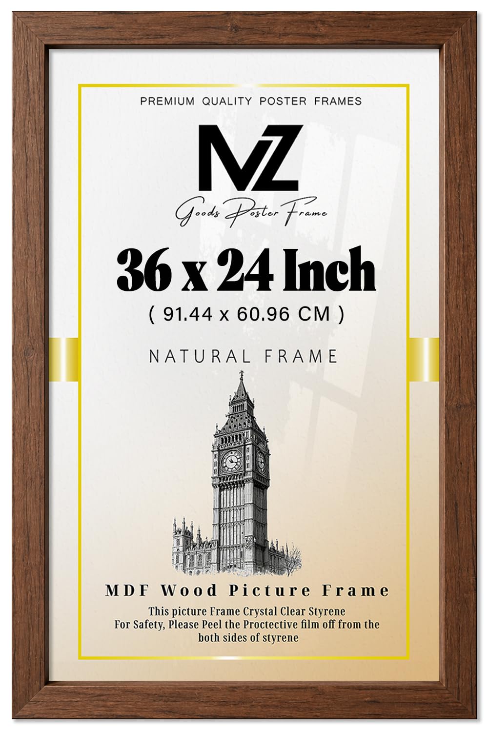 MZ GOODS | MDF Poster Frame (91.44 x 60.96 CM) 24 Ideal for Art, Home & Office Décor, Stylish Finish, Portrait & Landscape Mounting Hooks Included [ Walnut ]