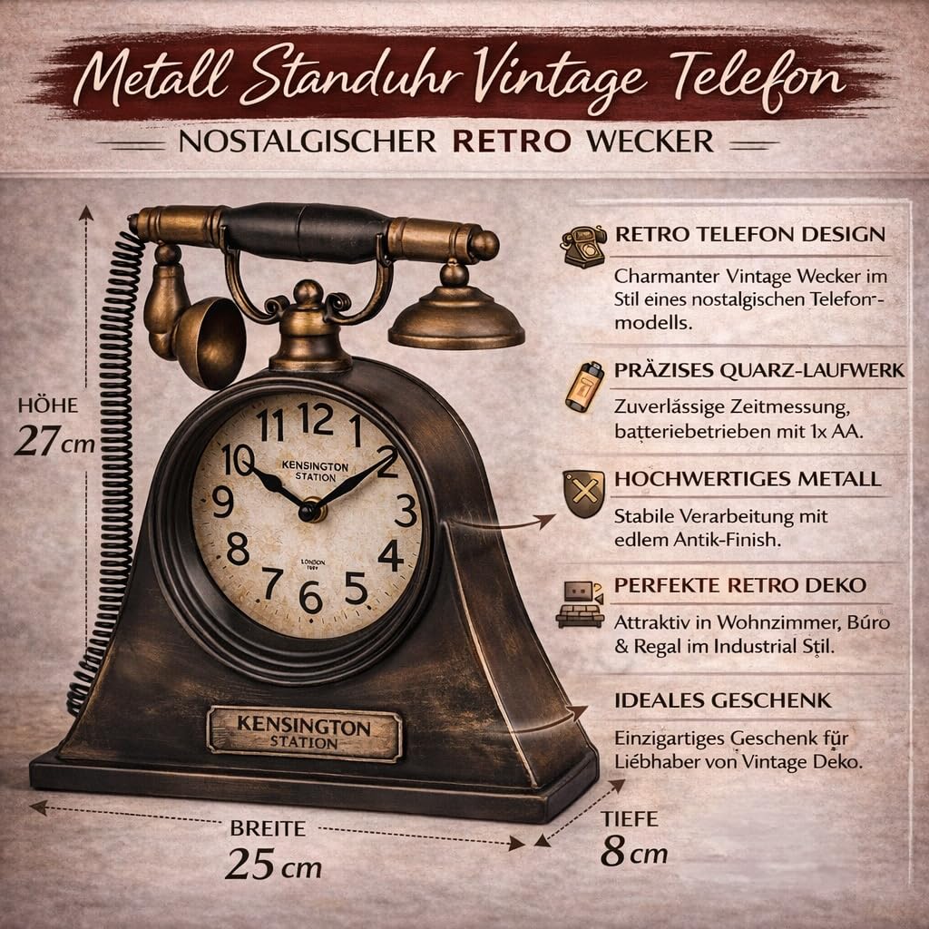 formano Metalowy zegar stojący w stylu vintage, telefon w stylu retro, 27 x 25 cm, napęd kwarcowy, 1 x bateria AA, dekoracyjny zegar do salonu, biura i regału, w nostalgicznym stylu antycznym