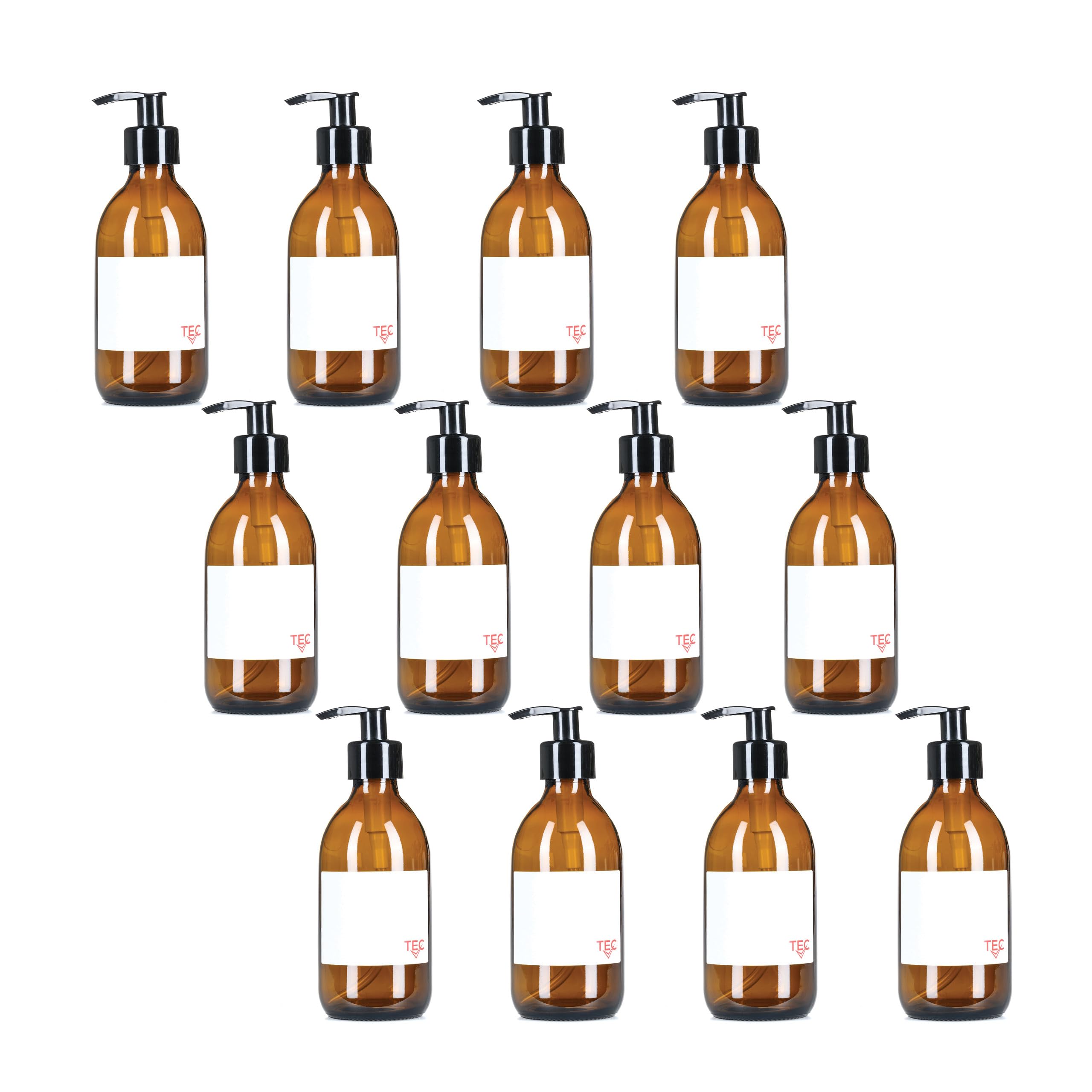 TEC 300ml Amber Glass Bottles with Pump Dispenser 1.4ml Output UK Made