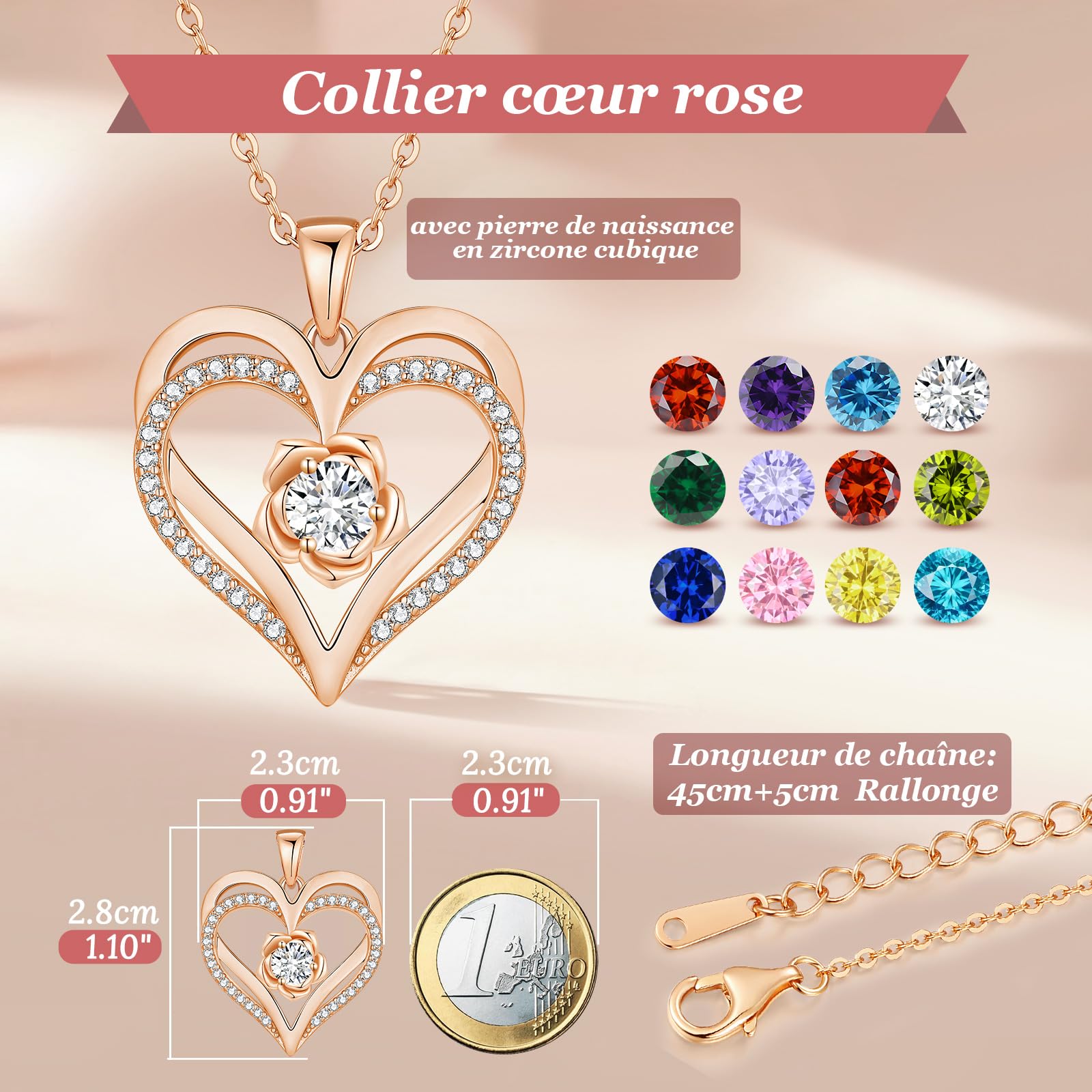 CDE Collana Donna Cuore Rosa Pietra di Nascita,Romantico Gioielli per Lei