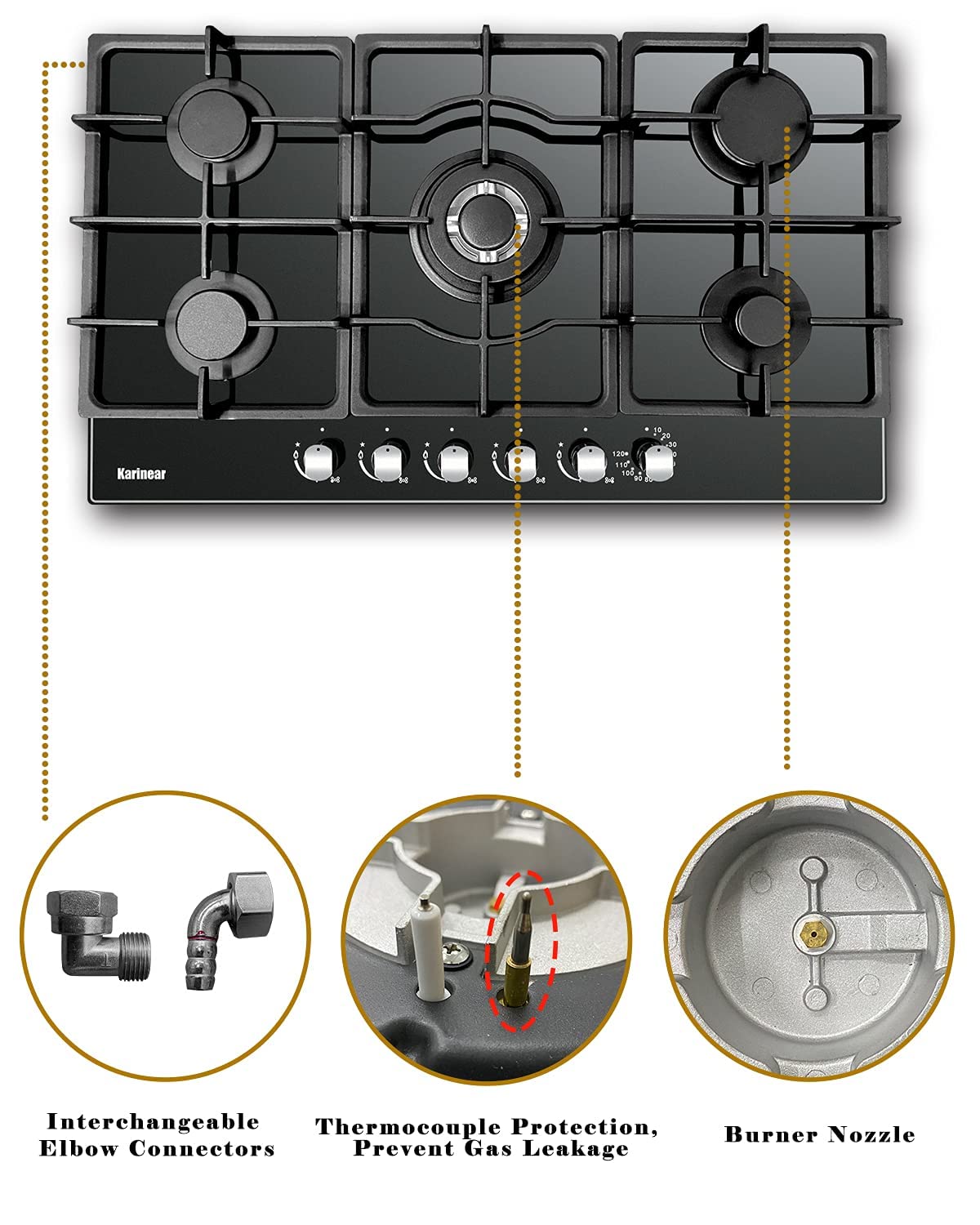 Karinear Builtin 34.5 Inch Gas Cooktop 5 Burners Gas Stove Top