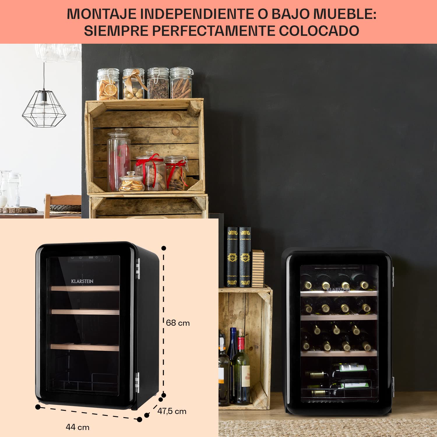 KLARSTEIN Vinoteca 19 Botellas, Nevera Vinos, Una Zona de Refrigeración, Nevera Expositora Vino y Cerveza, Vinoteca Interior y Exterior con Puerta de Cristal, Nevera Vino con Protección UV, 4-22°C
