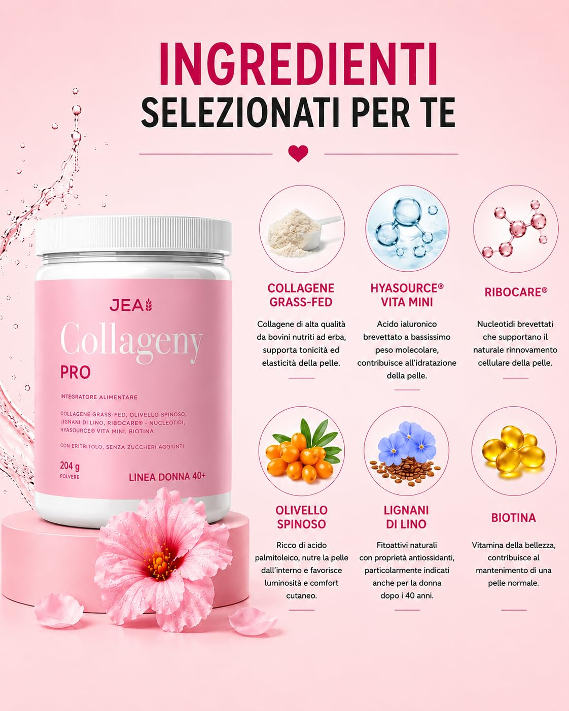 JEA Collageny Pro Collagene Idrolizzato Grass Fed in Polvere con 2 Brevetti Esclusivi Hyasource Vita-Mini® Acido Ialuronico e Ribocare® Nucleotidi, Senza Zuccheri Aggiunti