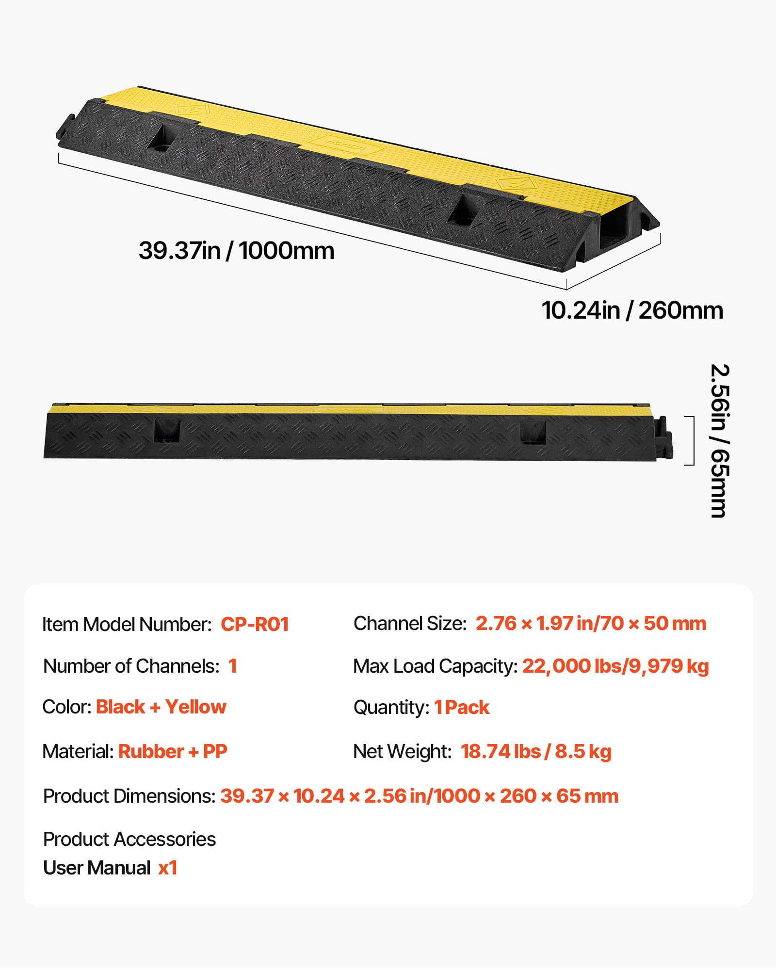 VEVOR Rampa di Protezione per Cavi, Capacità di 9979 kg/Asse, 1 Canale di Copertura per Tubo Flessibile in Gomma 70 x 50 mm, Dosso Rallentatore con Coperchio Superiore Apribile, 1 Confezione