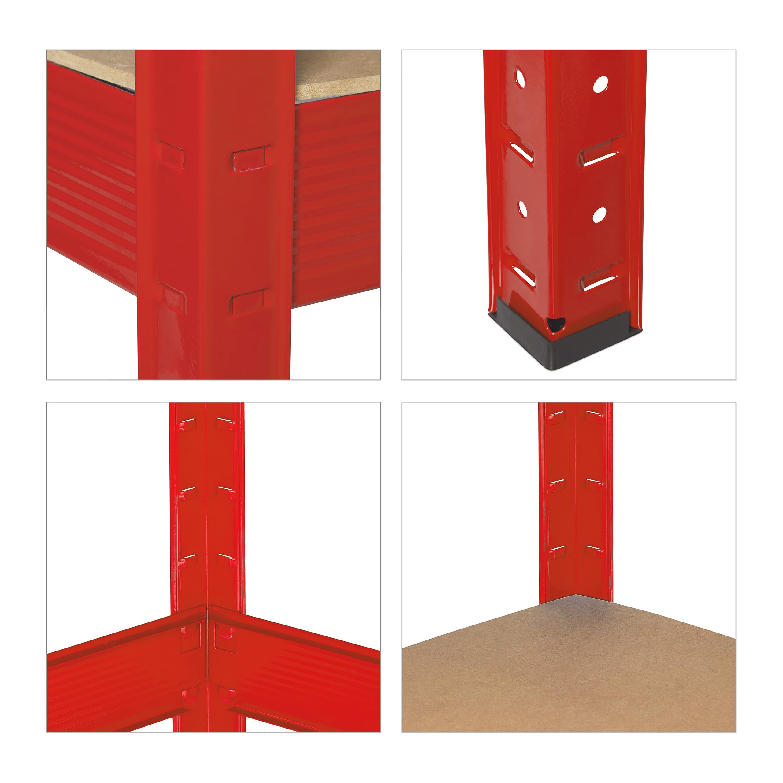 Relaxdays Banco da Lavoro Officina, Tavolo da Garage, 2 Scaffali, Altezza Regolabile, Acciaio e MDF, 91x141x61 cm, Rosso