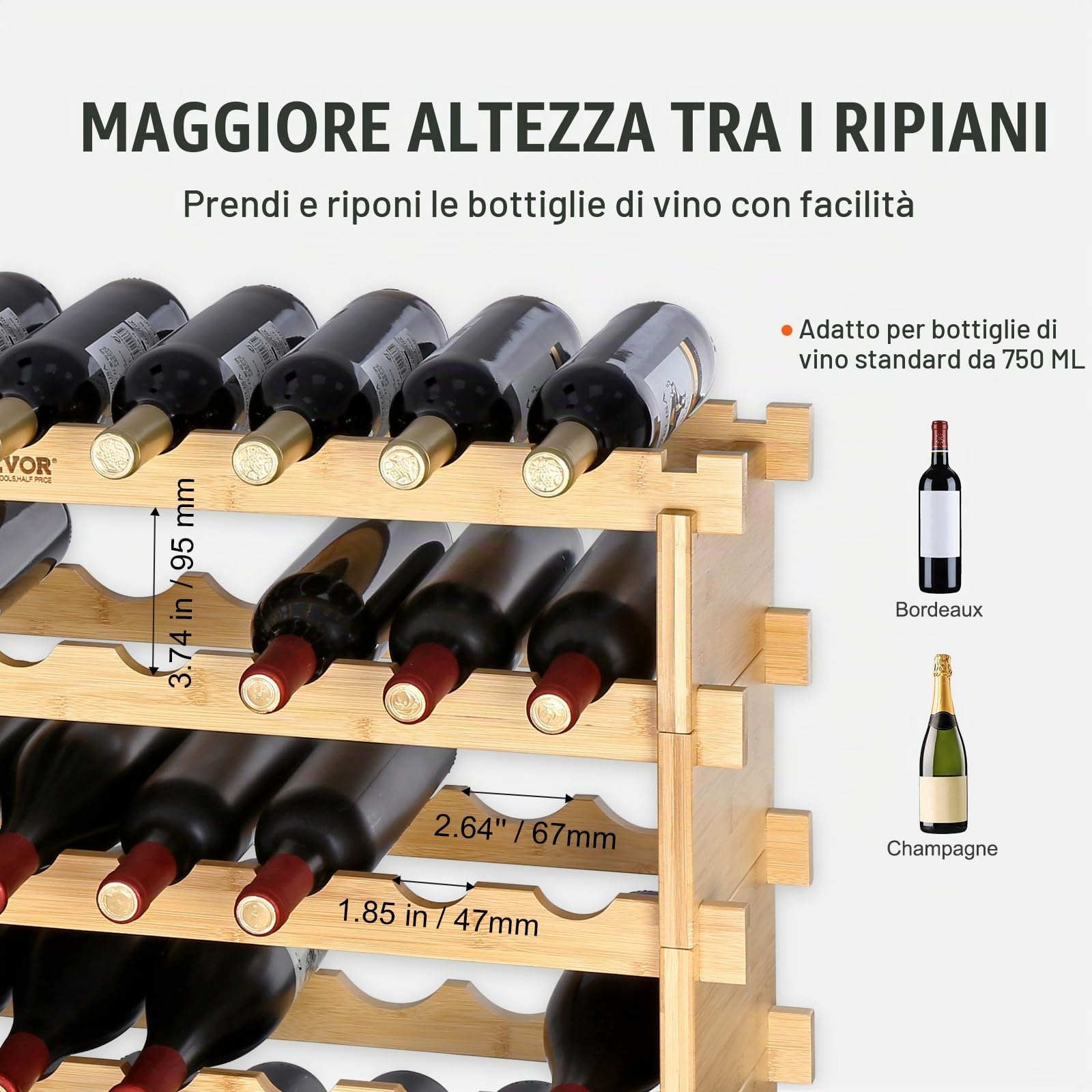 VEVOR Portabottiglie per Vino in Legno di Bambù Impilabile 8 Ripiani Capacità Max. 72 Bottiglie, Cantinetta Portabottiglie 8 Piani da Terra per Vino Materiale Legno Bambù Struttura Modulare Fai-da-te
