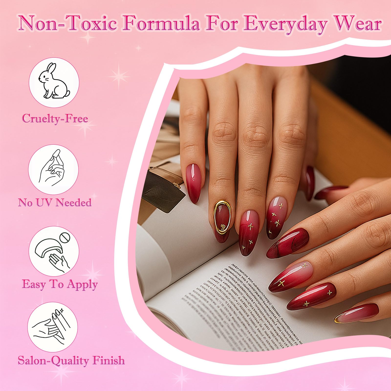 30PCS Red Almond Press On Nails, 3D Gold Stars and Gold Pearl Design - Image 4