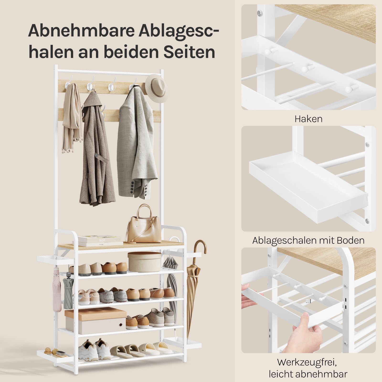 WOLTU Kleiderständer, Garderobenständer mit Schuhregal, 9 Doppelhaken, Seitenablageschalen, für Flur Schlafzimmer, 80x190x30 cm, Helle Eiche + Weiß