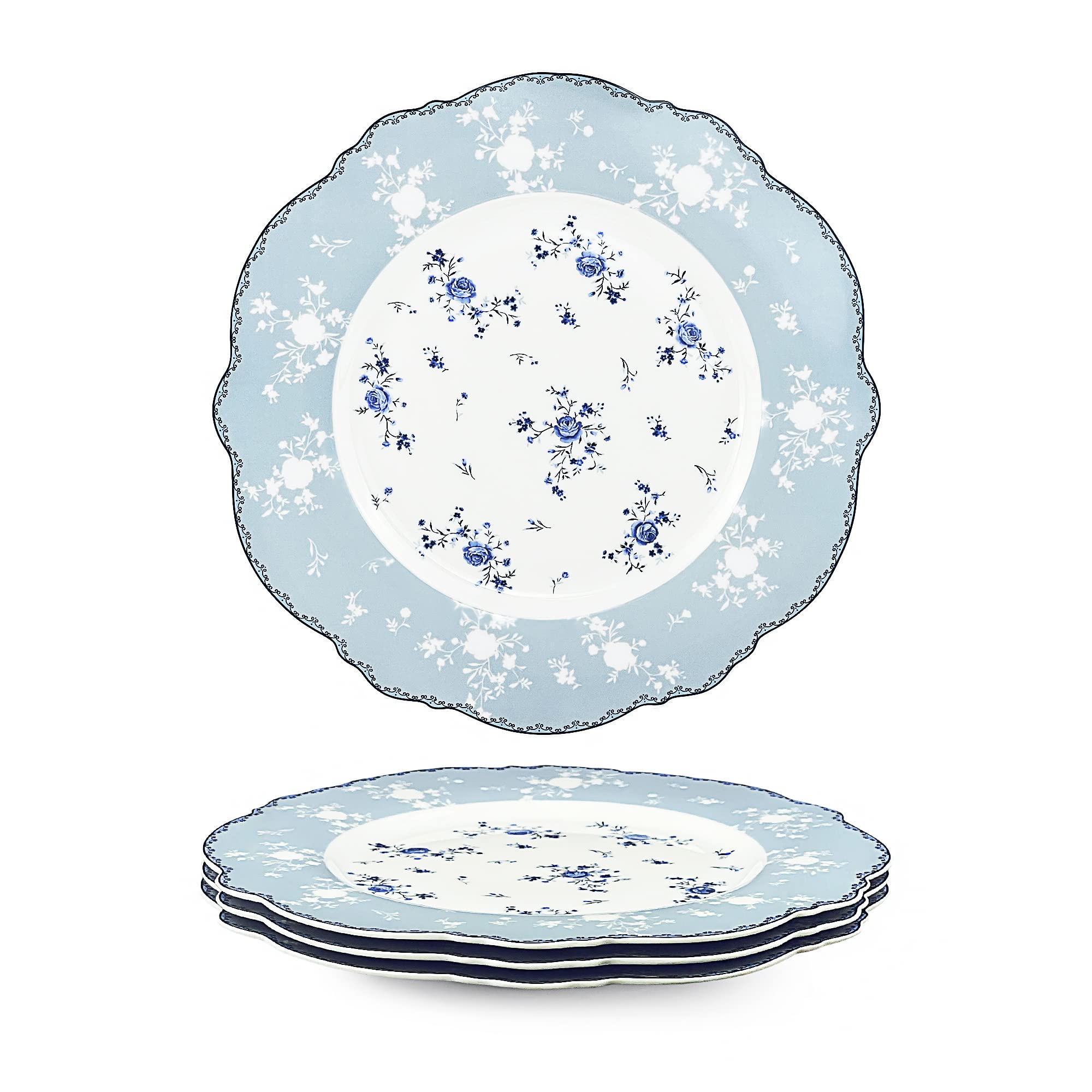 fanquare Set of 4 Porcelain Dessert Plates, 20.8 cm Small Blue Flower Ceramic Plates, Dinner Service with Gold Trim