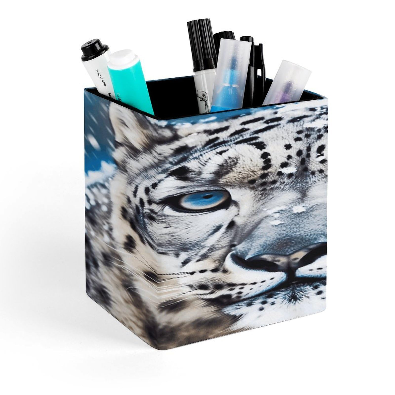 LZQPOEAS Blue Eyed Snow Leopard2 Square Pen Pencil Holder PU Leather Pencil Cup Desktop Stationery Organizer Office Accessories Container