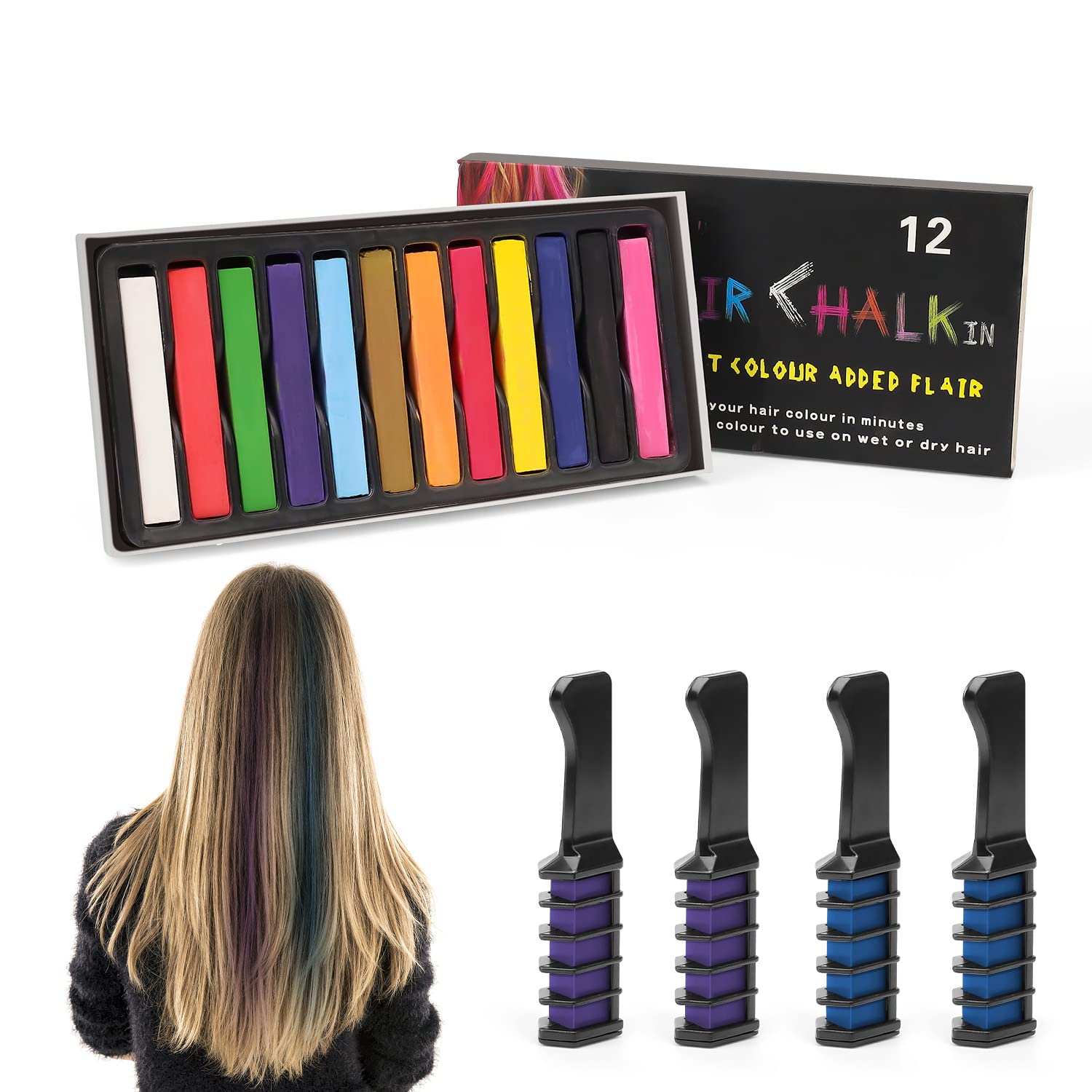 Tinte Pelo Lavable Niños, LNSYSNS Tizas Para el Pelo Niña, 12 Colores Hair Chalk Peine de Tiza Para el Pelo Adecuado para Fiestas de Cumpleaños, Cosplay, Teñido de Cabello DIY.