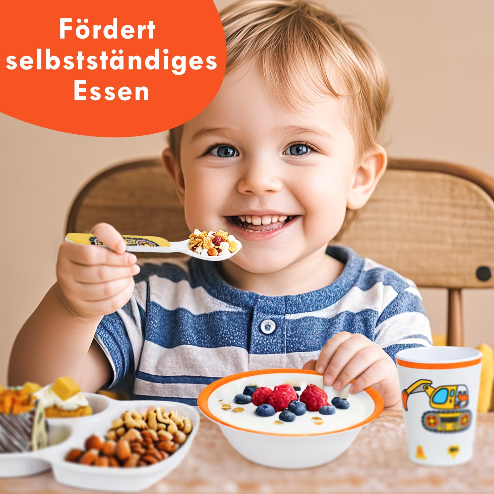 Lehoo Castle Kindergeschirr, 5-teiliges Kindergeschirr Set BPA-frei, Bagger Kinder 2 Jahre - Teller, Becher, Löffel, Gabeln, Schüsseln, Geschirr für Jungen und Mädchen