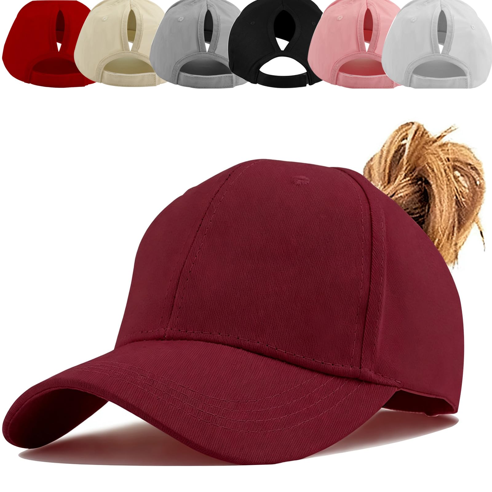 Baynetin Women's Red Ponytail Hat Baseball Cap,Unisex Adjustable High Messy Bun Ponycap,Classic Solid Color Outdoor Hats With Pony Hole Loop (Red)
