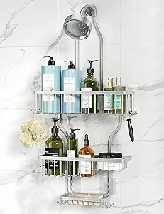 YASONIC Shower Caddy Hanging - Never Rust Shower Organizer - Aluminum Over The Head Caddy with 10 Hooks for Razor/Sponge - Rack with Soap Basket - Silver