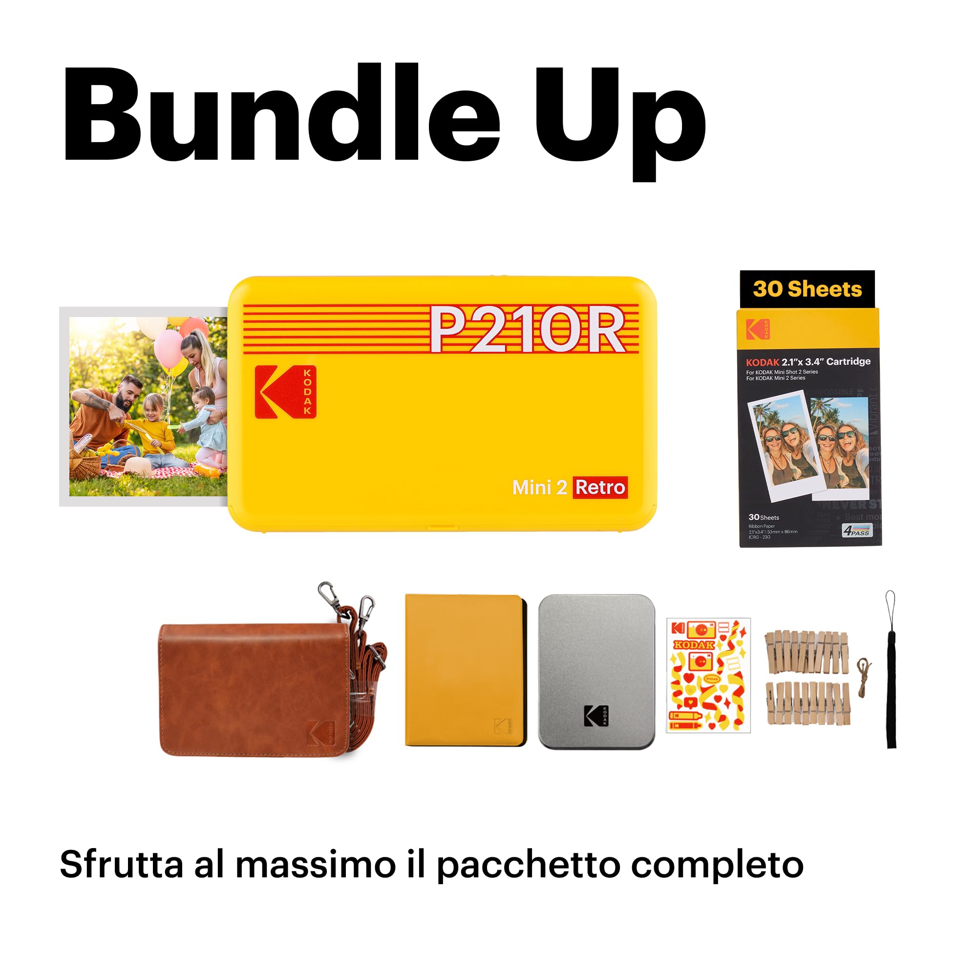 KODAK Mini 2 Retro Regalo di Natale 4PASS Stampante Fotografica Portatile (5.3x8.6cm) + 8 Fogli inclusi + Pacchetto accessori e 30 Fogli, Bianco