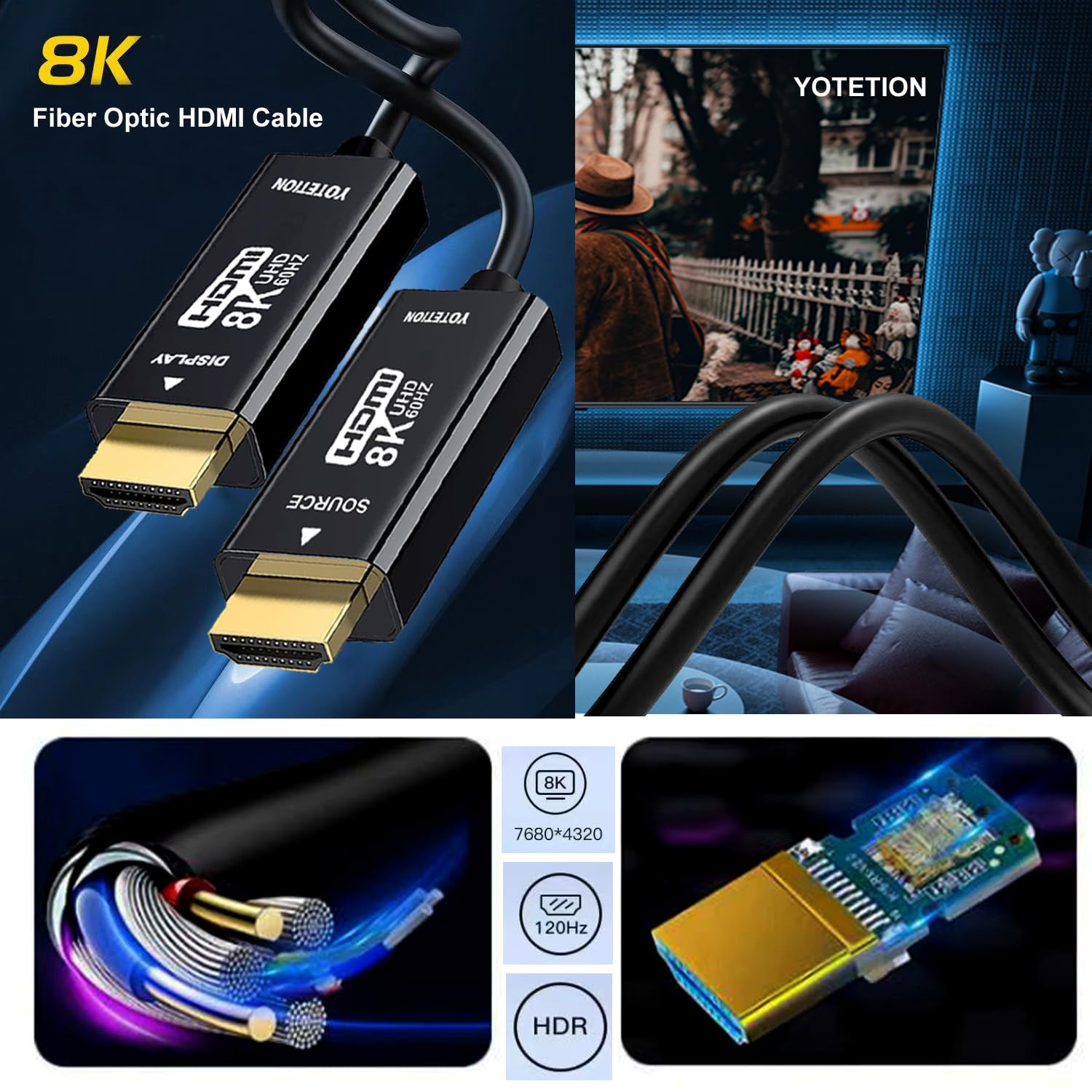 Cavo in fibra HDMI 8K da 25 m, cavo HDMI 2.1, 8K a 60 Hz, 4K a 120 Hz, 48 Gbps ad altissima velocità, supporto HDR, eARC, compatibile per PC, HDTV, playstation4, PS5, Xbox Series X