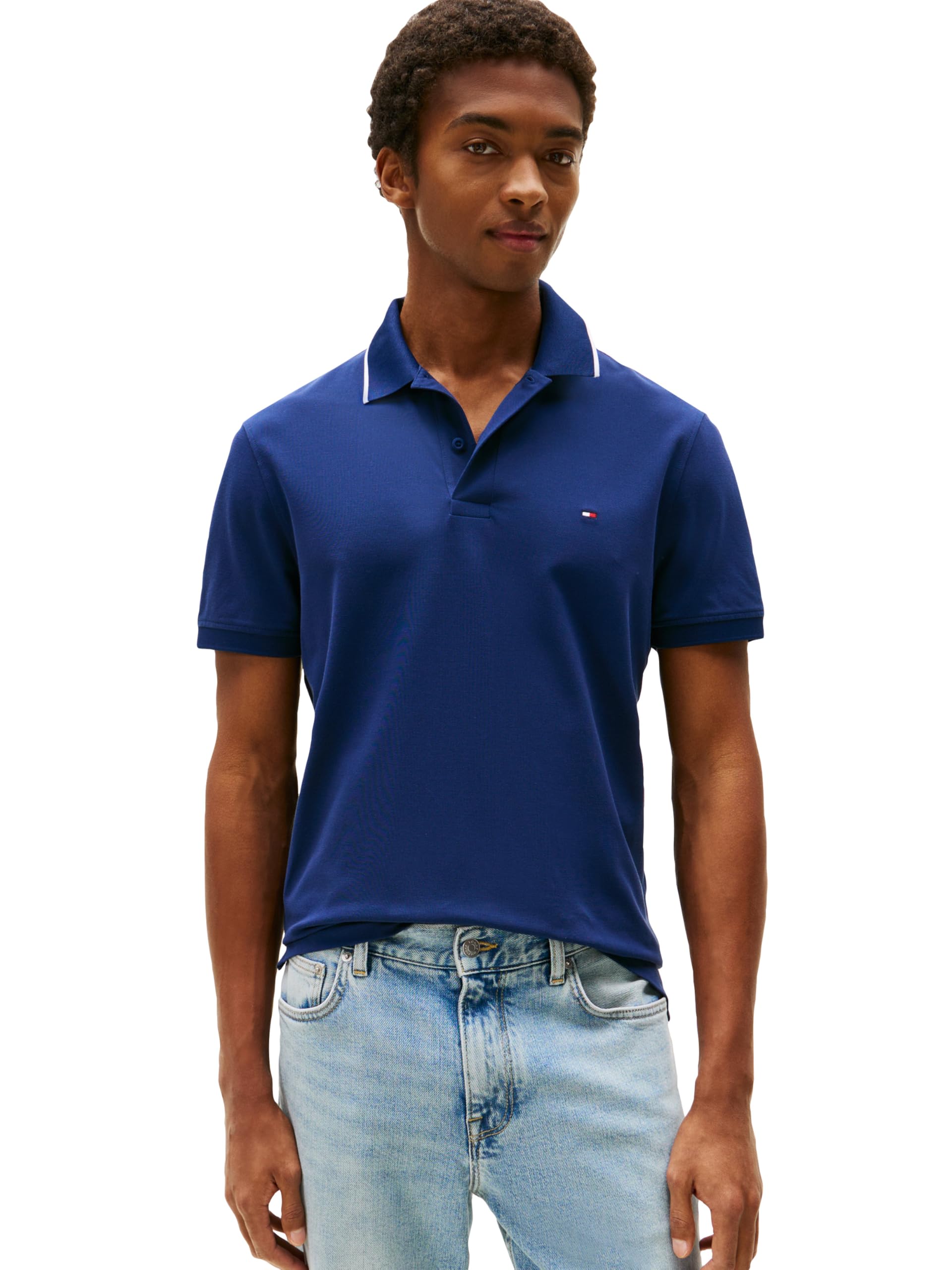 Tommy Hilfiger Men's Short Sleeve Casual Dri Polo Shirts in Regular Fit with Moisture Wicking and Stretch, Desert Sky Tipped, XL