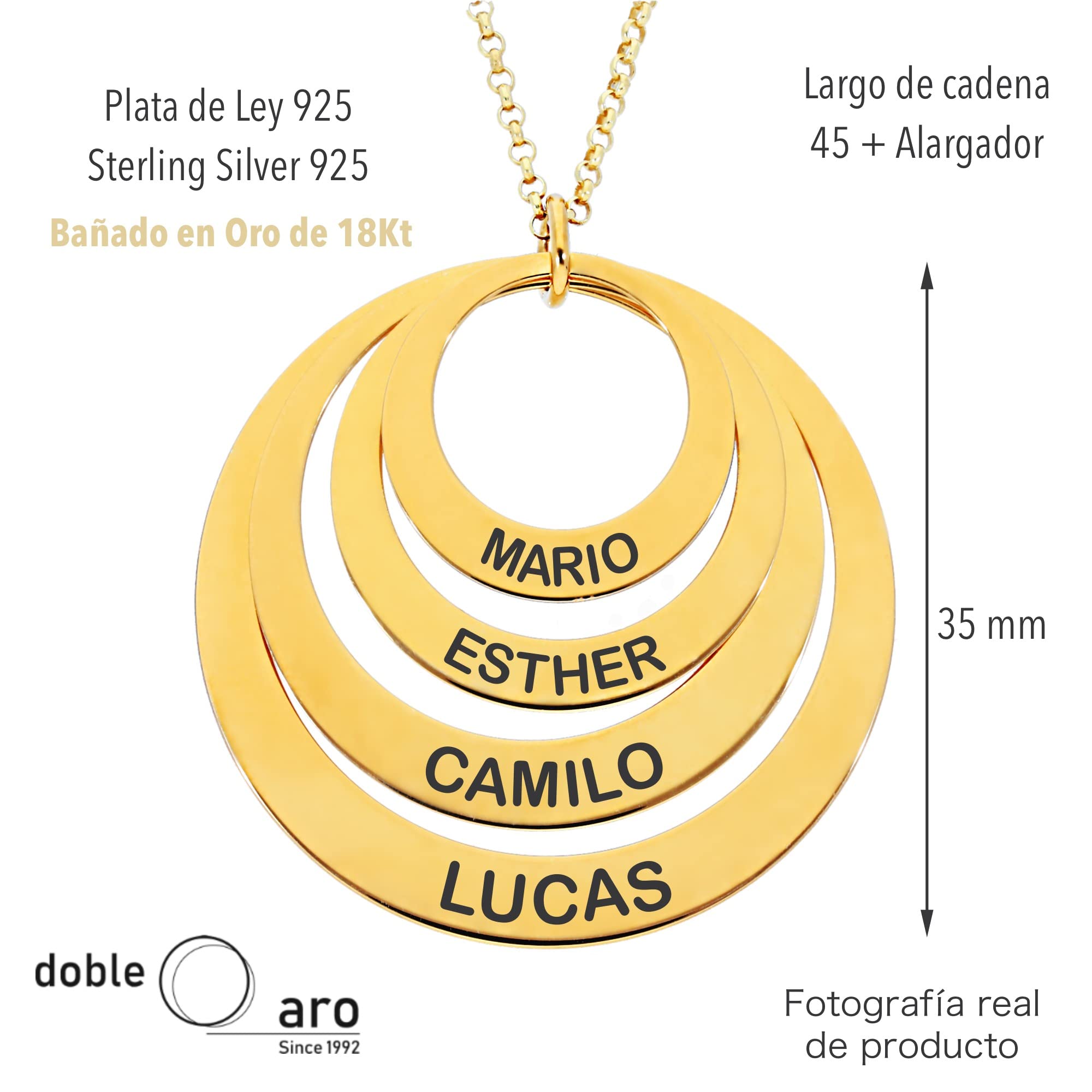 Collar Personalizado con Discos - Colgante Personalizado con Nombres o Palabras - Colgante de Plata - 4 Discos de Oro en Plata de Ley 925/1000