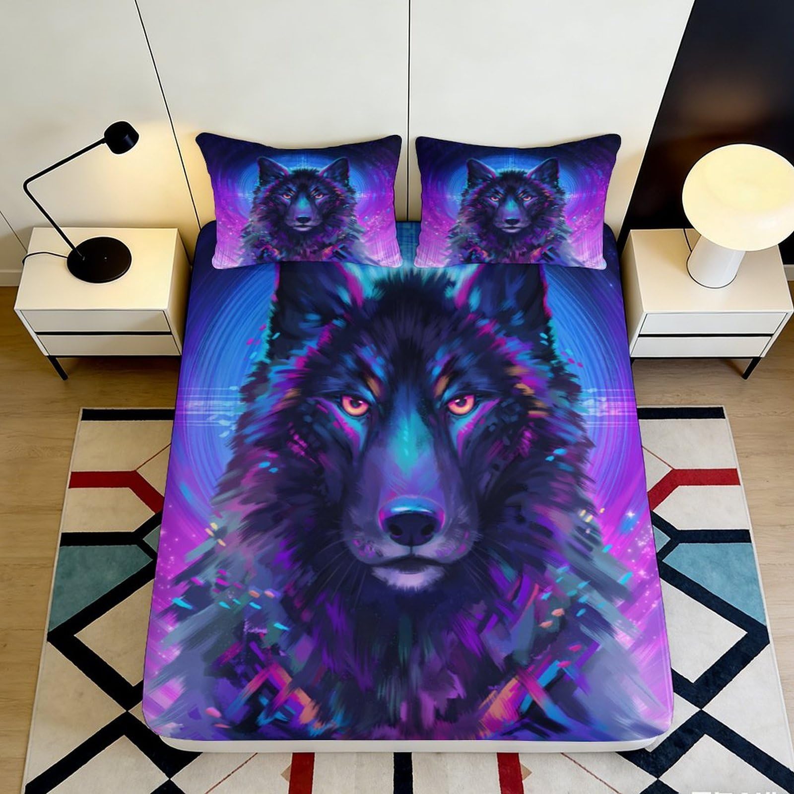 Jqzkxnhpbr Style-8 3D Printed Wolf Night Fitted Sheet Microfiber Soft Decor Purple Blue Animal Mattress Cover For Bedroom Dorm 90X200x25cm