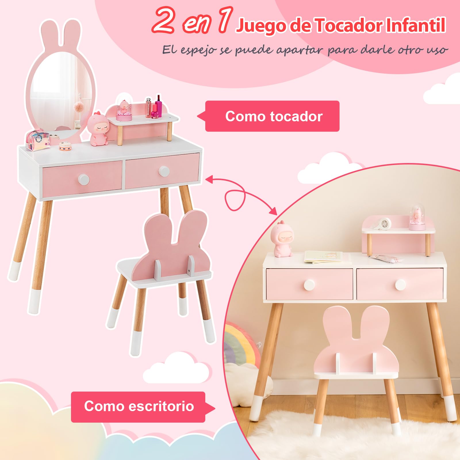 RELAX4LIFE 2 en 1 Tocador de Maquillaje para Niña con Espejo Extraíble y Taburete, Tocador Niña con 2 Cajones y 3 Accesorios, Maquillaje Niñas, Tocador Infantil de Madera para Niños 3-7 Años (Rosa)