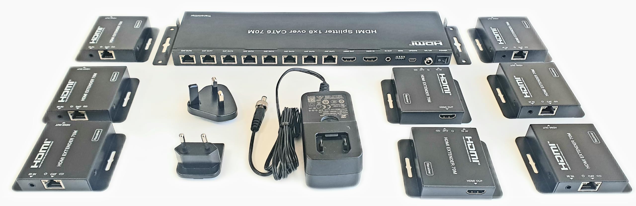 1x8 1080p 70m HDMI Splitter over Cat5e/6/7 Extender with 8 PoC Receivers, HDMI Loop Out and Infra Red control of TV source from each remote display