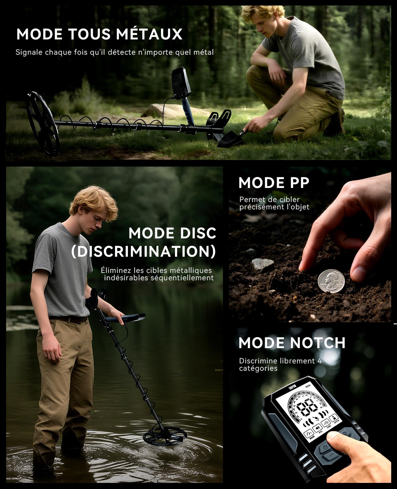 SUNPOW Détecteur de Métaux - Bobine Double D de 28 cm, Batterie au Lithium 35h, 10 Niveaux de Sensibilité, 4 Modes de Recherche, Rechargeable,7 Identifications de métaux, étanche IP68