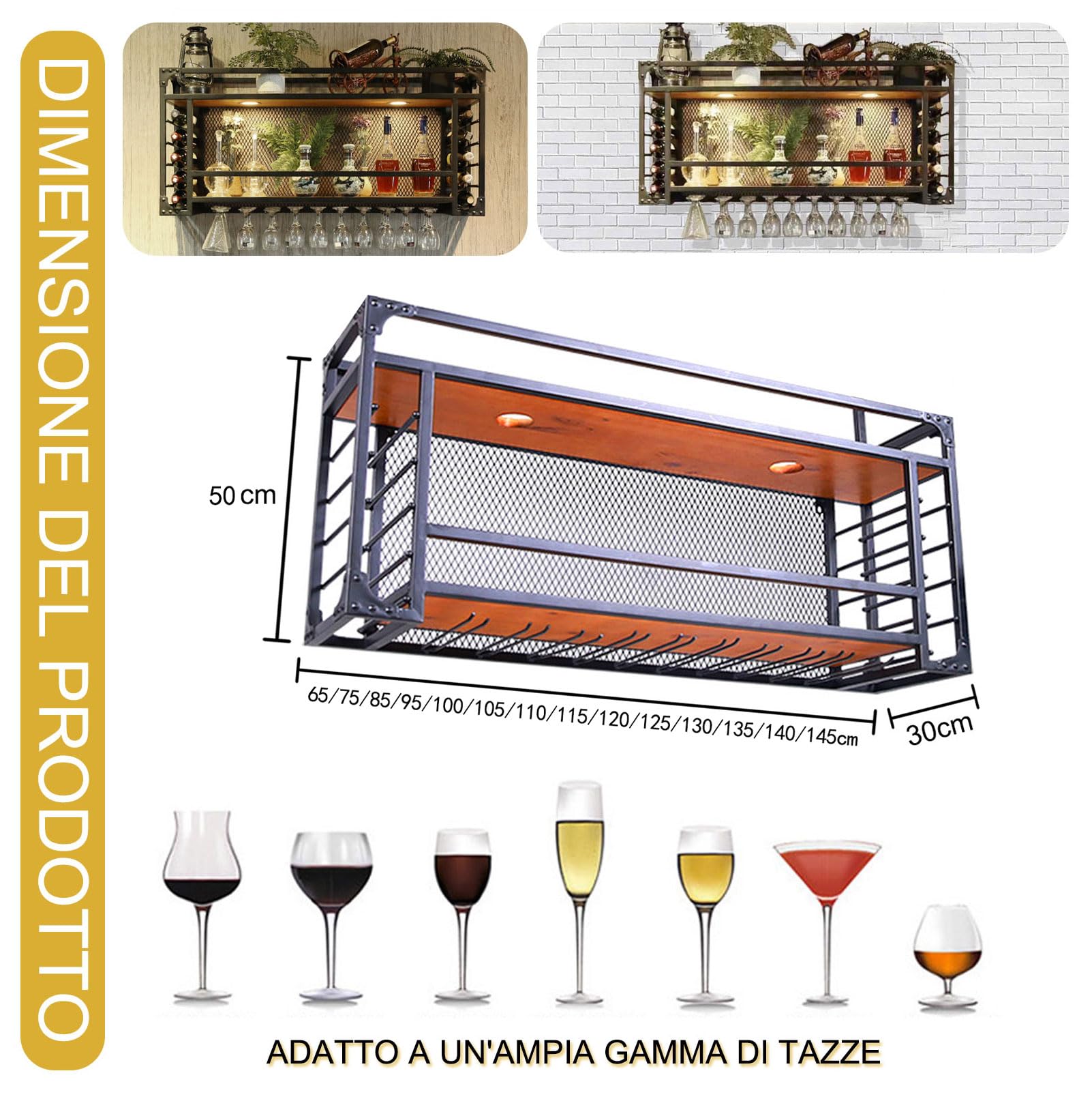 Portabottiglie Da Soffitto 2 Strati - Mensola Sospesa Per Vino E Bicchieri, 140x30x80 Cm, Nero - Foto 12