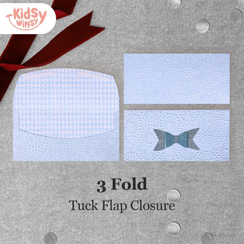 Kidsy Winsy Pack of 8 (3.5 x 7.5 Inches) Blue Embossed With 3D Bow Tie|3 Fold Shagun Envelopes for Gifting Money | Wedding, Birthday, Sagan Cash Gift Envelopes | Designer Money Envelope for Cash Gifts 2