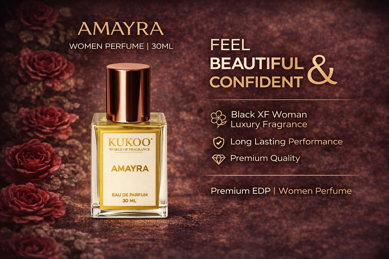 Kukoo India Luxury AMAYRA Perfume for Women | Long Lasting | Eau De Parfum | Black XF Woman Fragrance | Strong Smell | Premium Scent | Ideal Gift for Women (30ML)