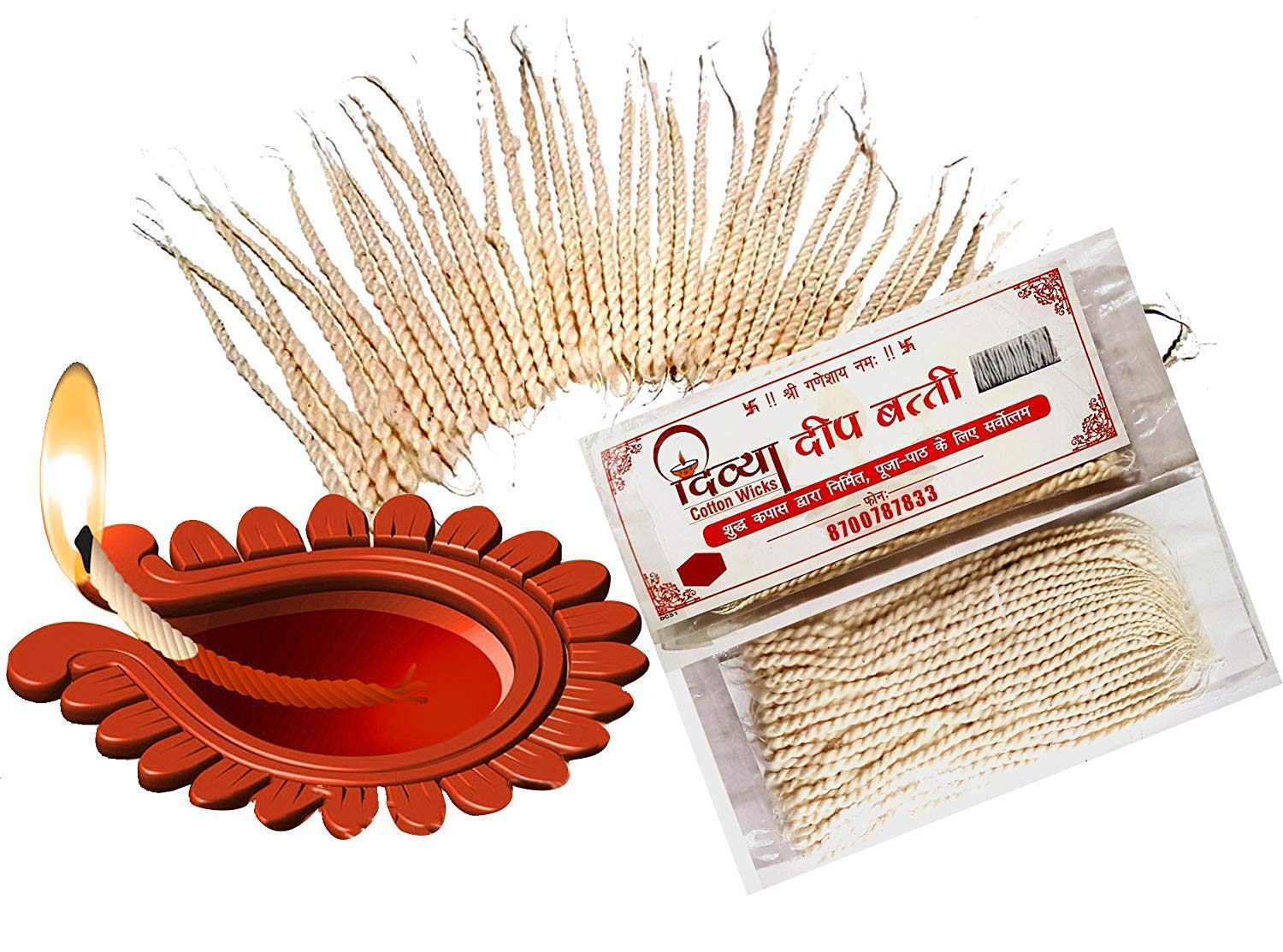 Divya Cotton WicksPure Cotton Handmade Batti for Diya || Divya Twisted Cotton Wicks || Aarti Batti for Pooja || Handmade Cotton Wicks for Puja || Color : White || Pack of 12 || 500 Wicks