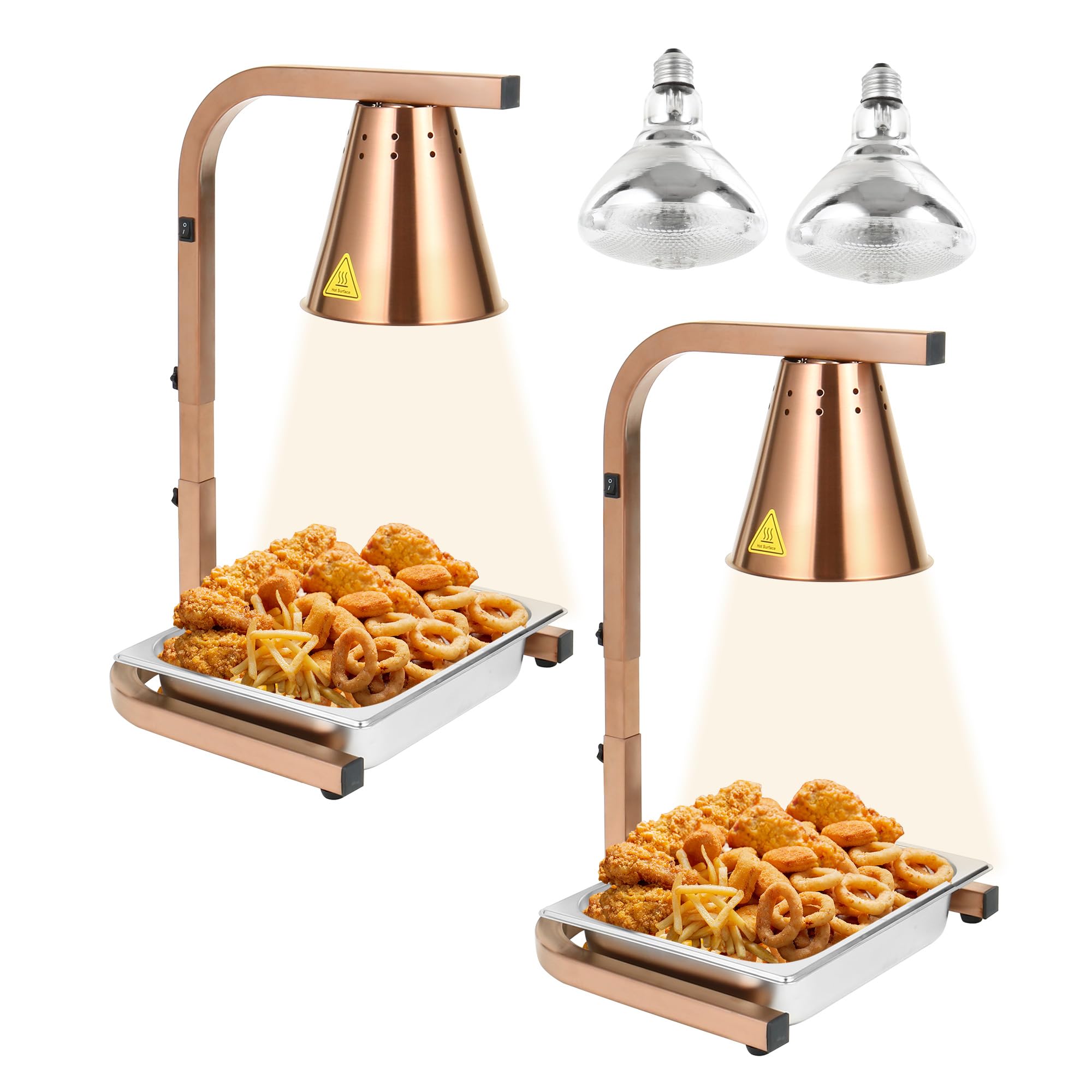 Restlrious 2 Sets of Food Heat Lamp Freestanding Commercial Food Warmer, Gold Stainless Steel 120V Electric Fan-Shaped Lampshade Food Heat Lamp w/250W Bulb & 1/2 Food Pan Each, for Buffet Food Service