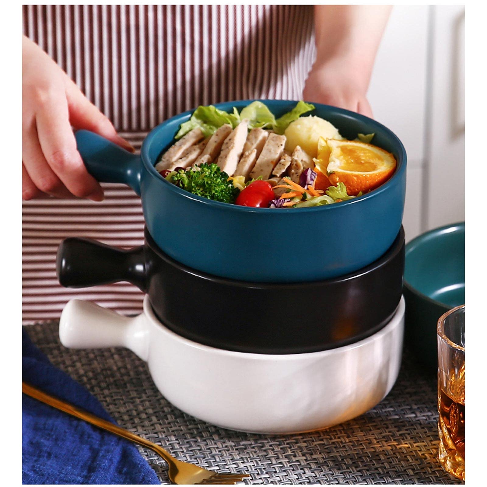 Miski do sałatek, miski do zupy z uchwytami, 595 ml do zupy, chili, gulaszu wołowego, zestaw 4 sztuk, miski w różnych kolorach do kuchni