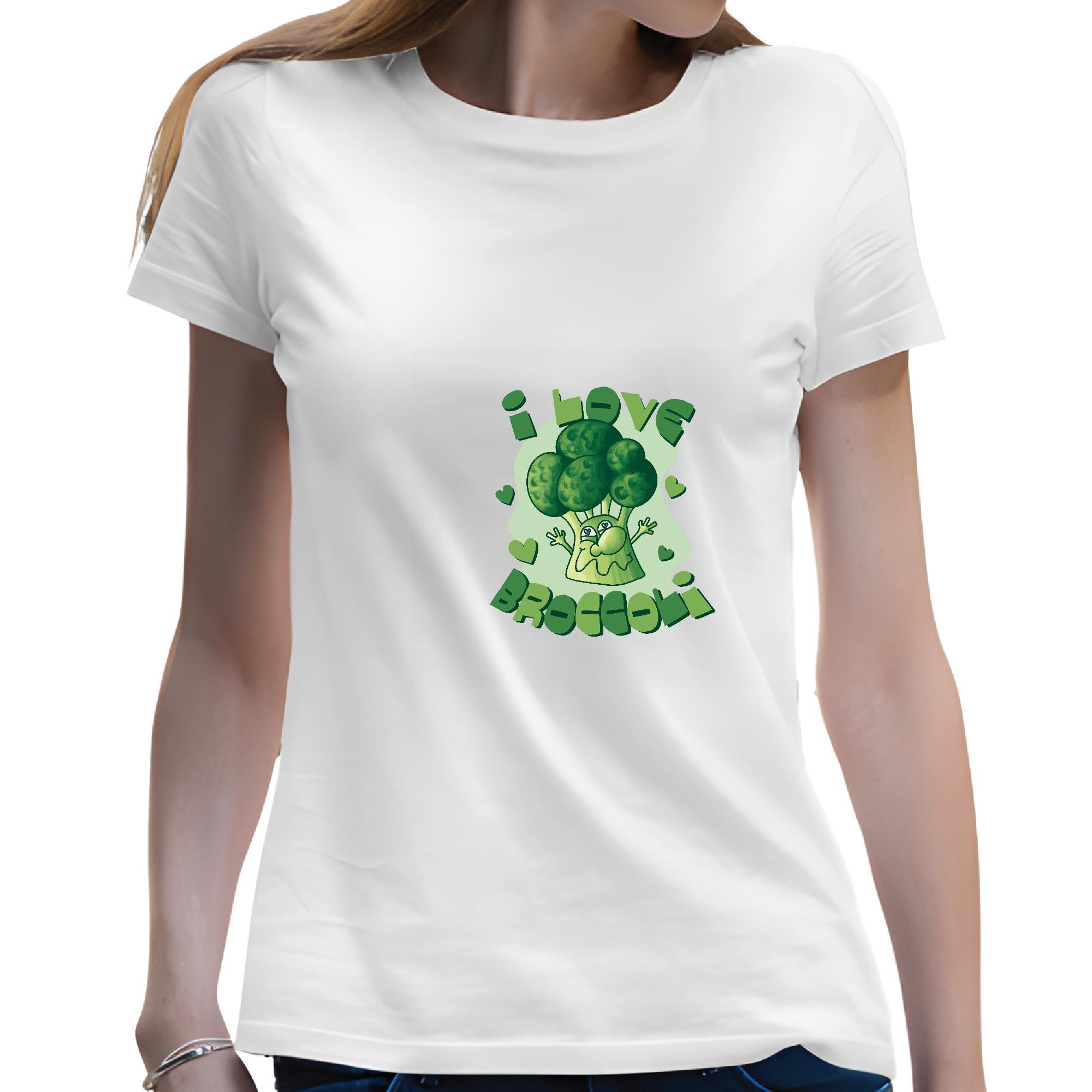 Broccoli Lover Gift Cartoon Design I Love Broccoli Caption for Vegetable Lovers Men Women White Gray Multicolor T shirt