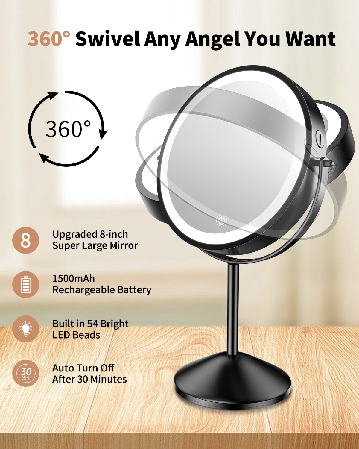 Gospire Specchio da trucco illuminato da 8 pollici con ingrandimento 10X/1X, 3 luci di colore | Regolazione della luminosità, rotazione a 360°, doppio lato, ricaricabile, senza fili, specchio cosmetico a LED per trucco
