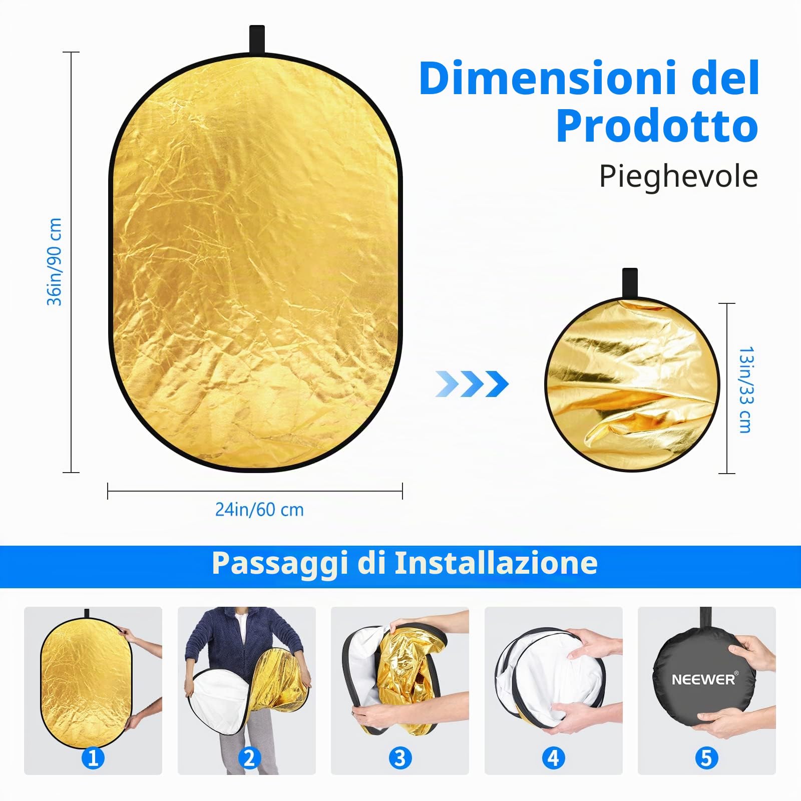 NEEWER Rifletto di Luce per Fotografia 24"x36"/60x90 cm, Multi Disco Pieghevole Portatile 5 in 1 da Borsa - Diffusore Traslucido, Argento, Oro, Nero, Bianco per Illuminazione da Studio ed Esterni