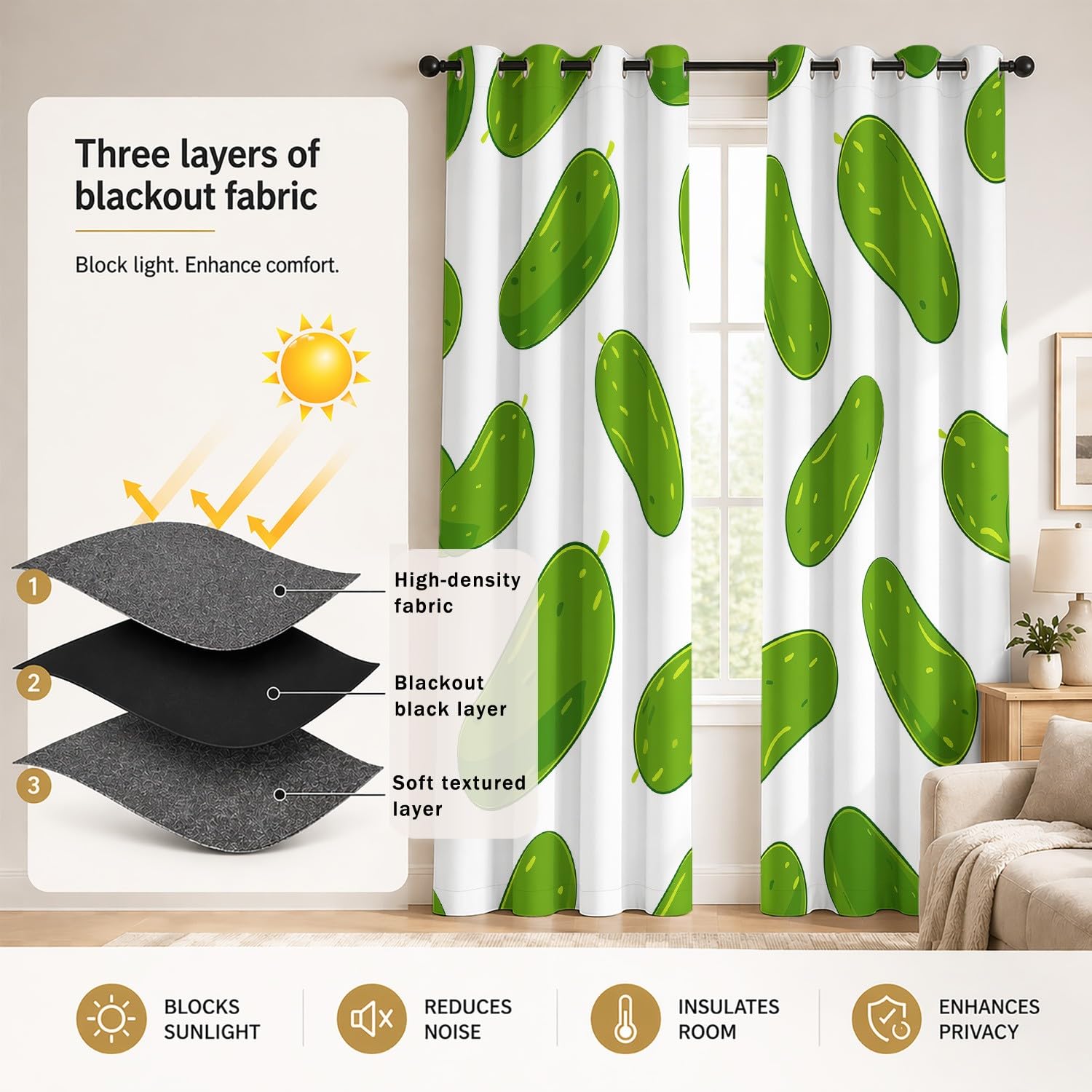 Generisch Minimalistische Pop-Art Vorhänge Blickdicht & Verdunkelung, 2er Set B 140 x H 260 cm, Lustige Grüne Gewürzgurke auf Weißem Hintergrund Thermogardinen mit Geräuschreduzierung