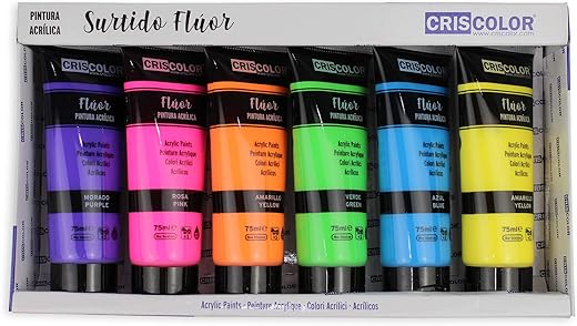 CRISCOLOR Fluoreszierende Acrylfarbe, Set mit 6 x 75 ml, für Kunstarbeiten und Basteln, für Anfänger, Studenten und professionelle Künstler (Fluor 6 x 75 ml)