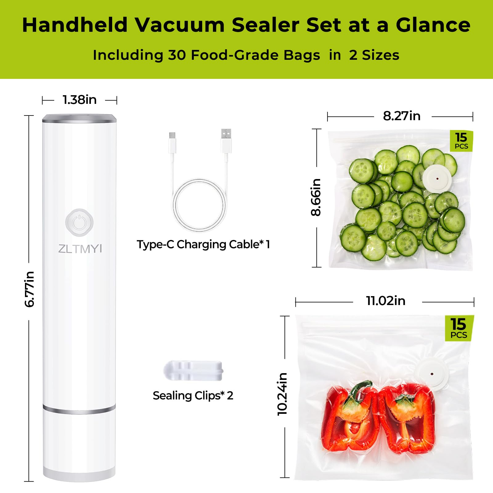 Sellador al vacío de mano para alimentos, máquina selladora al vacío compacta, portátil, recargable e inalámbrica, incluye 30 bolsas selladoras al vacío reutilizables, ideales para conservación fresca