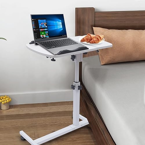 Miniatura 2 de Mesa auxiliar de cama ajustable blanca, mesa rodante sobre la cama, soporte para portátil para dormitorio, sala de estar, estudio y oficina, etc.
