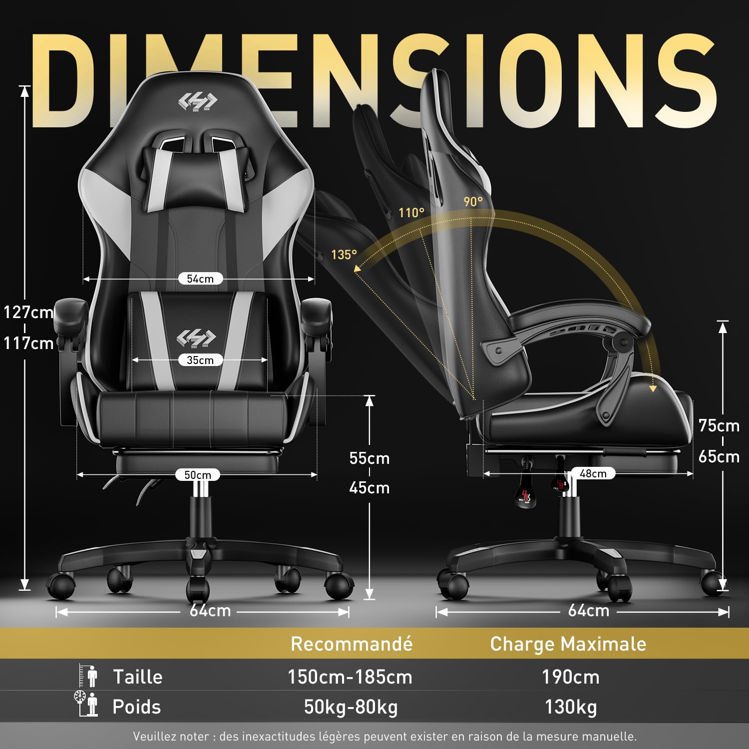 HLFURNIEU Silla Gaming Ergonómica, Silla Gamer con Reposacabezas y Reposapiés Retráctil, Cadeira Gaming con Soporte Lumbar, Sillon Gamer Altura Ajustable, Negro y Blanco