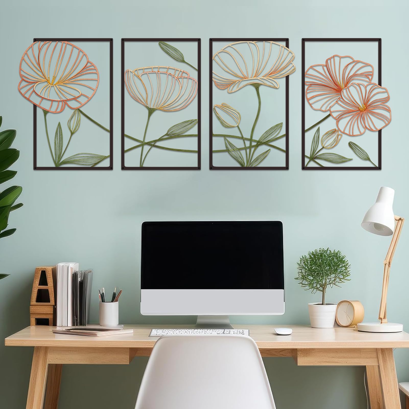 ESTART Dekor 4 Stück Metall Lotusblume Wanddekoration, Abstrakte Blumen Ästhetische Spleißlinie Kunst, Minimalistische Hängende Wandskulptur für Wohnzimmer Schlafzimmer Büro und Yogazimmer (Bunt)