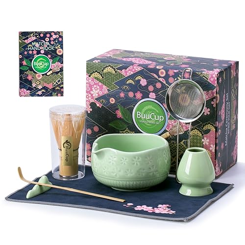 Buucup Matcha Whisk Set, Ceramic Matcha Set Includes Matcha Bowl, Matcha Whisk and Holder, Bamboo Scoop, Scoop Rest, Sifter and Tea Towel - 7 Pcs Matcha Kit for Matcha Lovers (Green) - Green